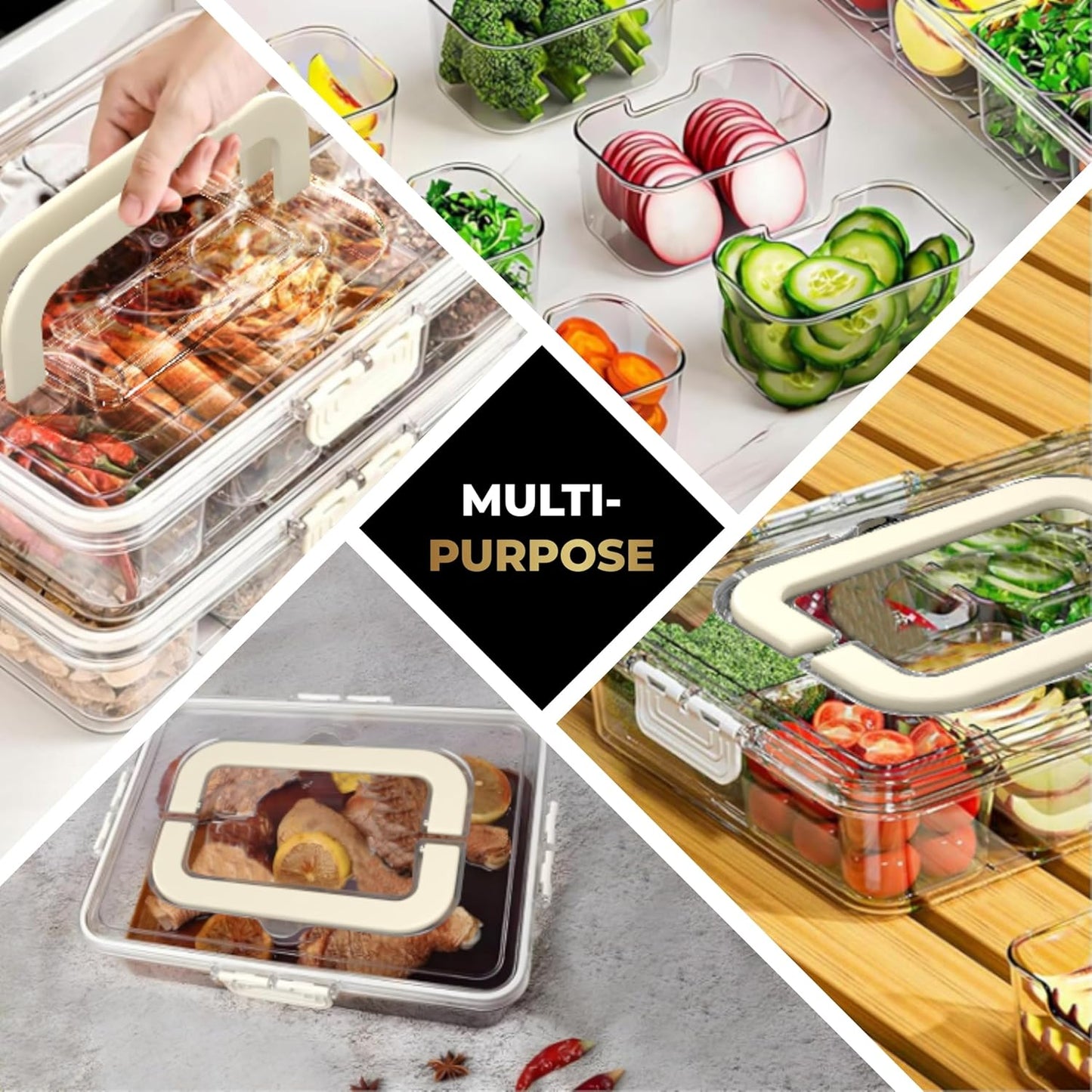 LEVANI Snack Box Container – (8) Clear & Stain Free Compartments, Extra Strong Handle - (2) Ice Packs to Preserve Freshness, Divided Serving Tray w/Lid, Transparent Storage Organizer, Snackle Boxes