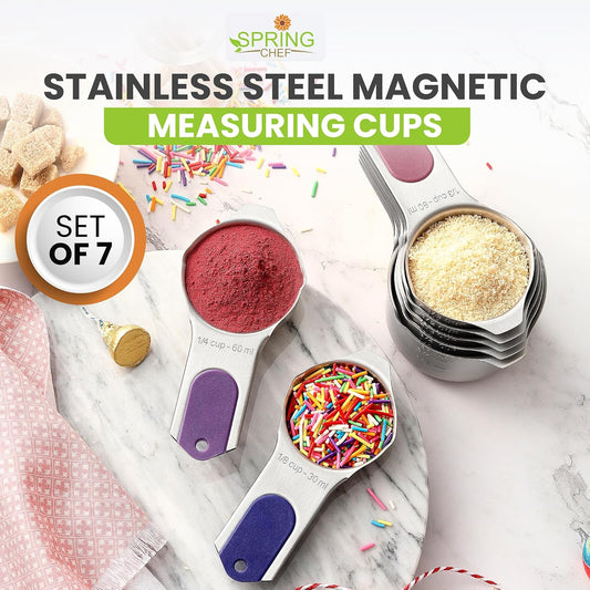 Spring Chef Magnetic Stainless Steel Measuring Cups, Patented, Kitchen Tools with Easy to Read Markings for Measuring Dry or Liquid Ingredients, Set of 7, Mountain Sunrise
