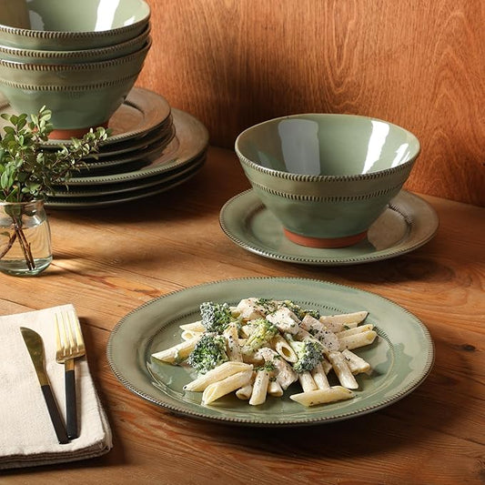 Gibson Elite Terranea 12 Piece Dishes Reactive Glaze Plates and Bowls Terracotta Dinnerware Set - Service for 4 - Green