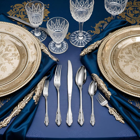 Antique Silverware Set for 8 Silvery Royal Flatware Stainless Steel 40 Pieces Eating Utensils Vintage Fork Knife Spoon Luxury Home Kitchen Restaurant Festival Parties
