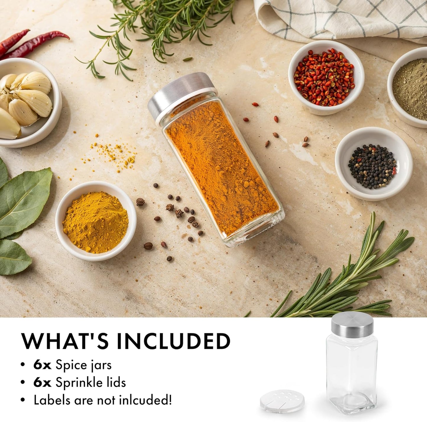 Glass Spice Jars and stainless Steel Lids (6 x 4oz) Spice Containers with Shaker Inserts - Add-On Pack Without Labels or Accessories
