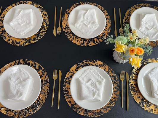 Disposable Black and Gold Placemats Set of 50 Metallic Thin Round 13 Inch Gold Doilies Table Chargers Glitter Foil Mesh Pressed Fall Table Mates 50 Pack for Wedding Birthday Party