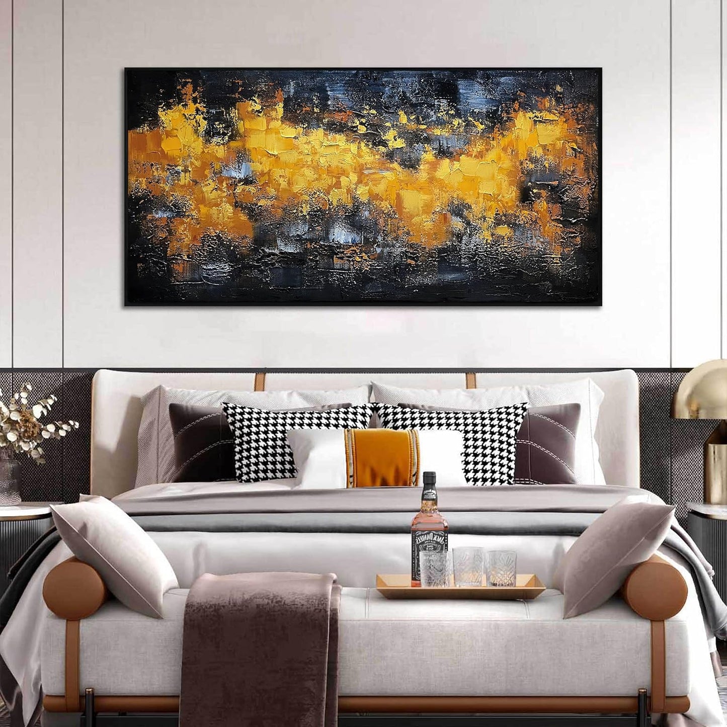 Abstract Hand Painted Wall Art for Office - Above Bed Black and Gold Wall Decor for Bedroom - Framed Wall Art for Living Room Large Size 29" x 59"