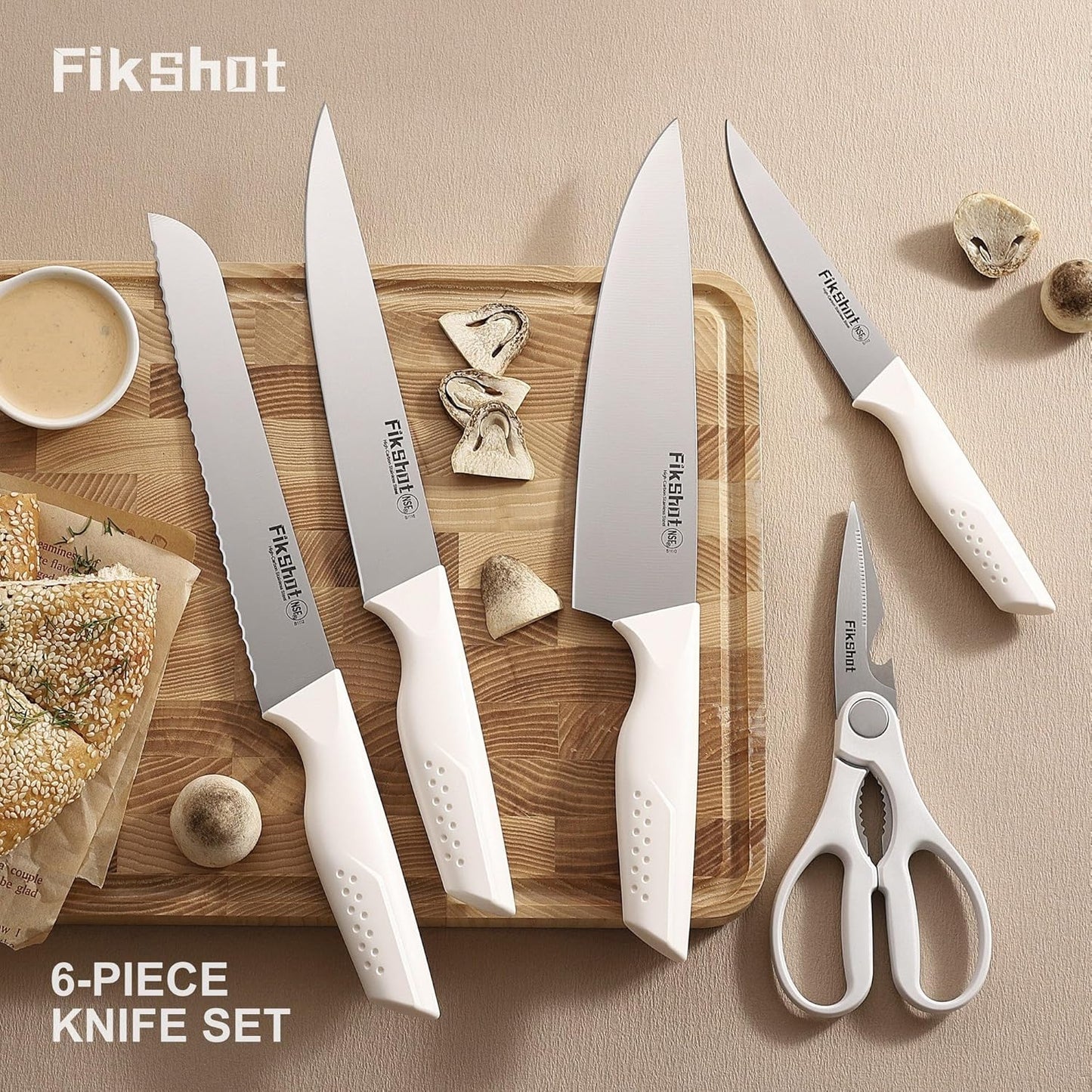 Knife Set, FIKSHOT 6-Piece Kitchen Knife Block Set with & Built-In Sharpener, Dishwasher Safe High Carbon Stainless Steel Blades, Rust-Resistant – Ideal Housewarming Gift