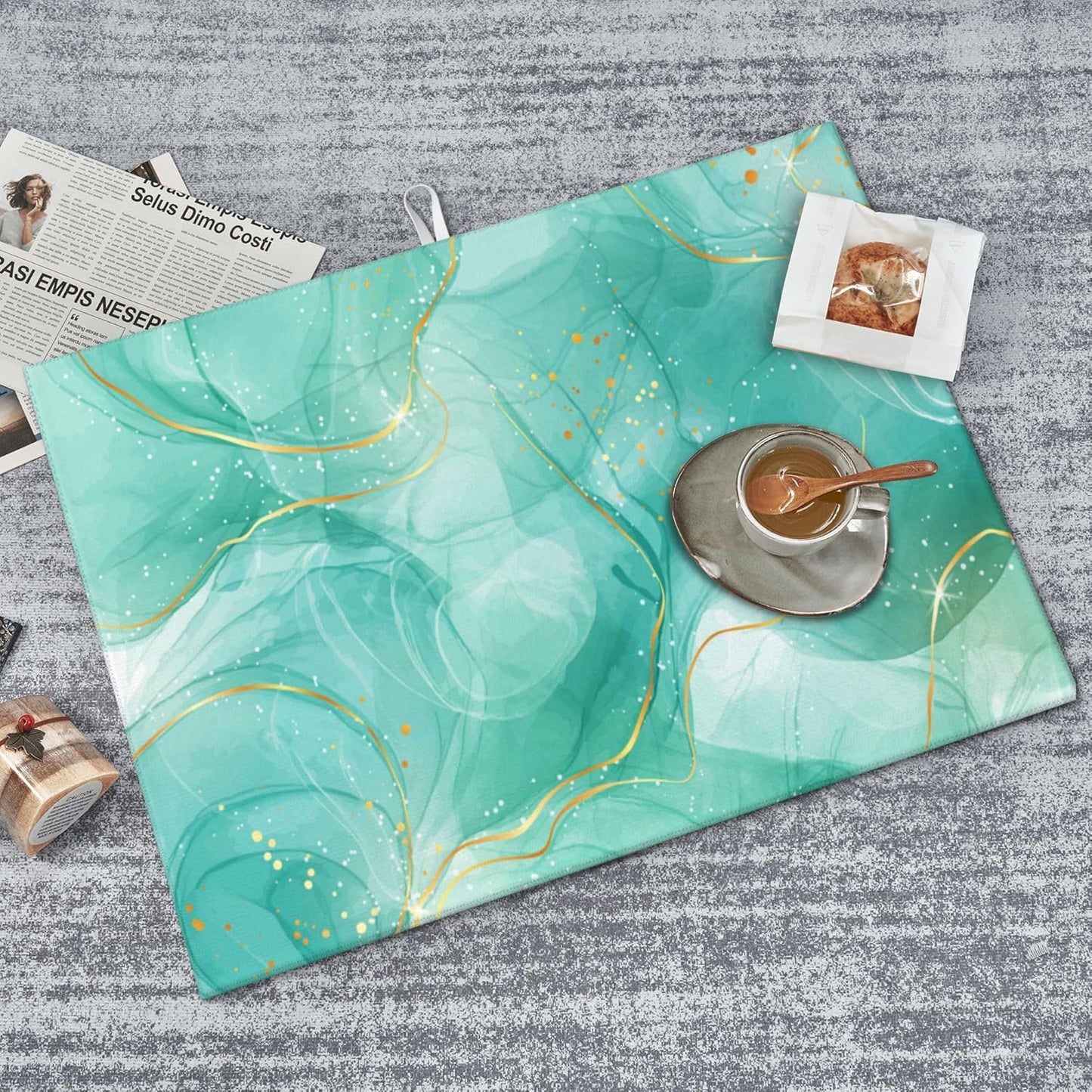 Teal Gold Marble Dish Drying Mat for Kitchen Counter Green Turquoise Drying Pad 18x24 Inch Modern Absorbent Reversible Dish Drainer Rack Mats