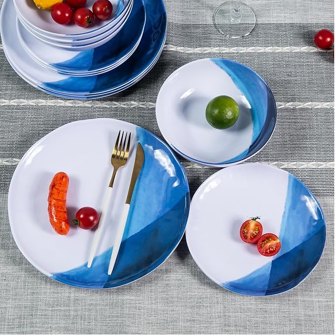 Melamine Plates and Bowls Set - 12pcs Dinnerware Dishes Set for 4, Dinner Plates for Indoor and Outdoor Use, Lightweight Break-resistant, Blue & White