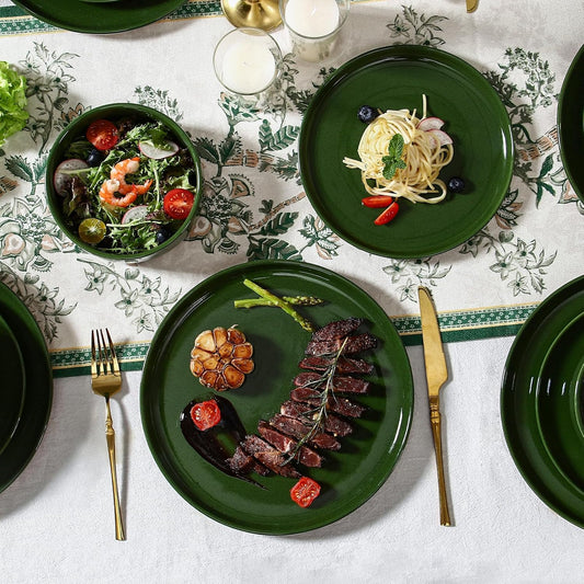 GZG Modern Art Series - 12 Pcs Speckled Stoneware Plates and Bowls Sets, Ceramic Dinnerware Set with Rustic Terracotta Underside, Microwave and Dishwasher Safe Handcrafted Dishes Set - Verdant Green