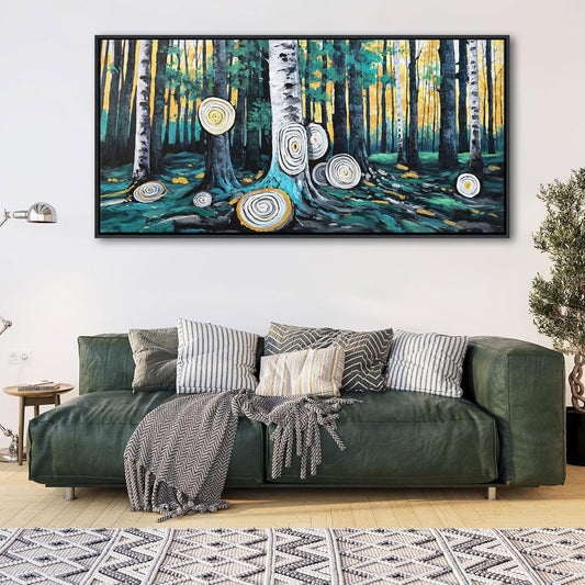 QZQCBLC Large Wall Art Bedroom, Green Tree Yellow Forest Canvas Wall Pictures Modern Abstract Ring Landscape Paintings Artwork for Living room Home Office Artwork Framed Decor 29x58 IN