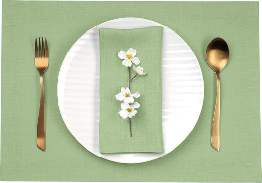 D'Moksha Homes Linen Placemats 14 x 19 Inch - Sage Green Placemats Set of 4-100% Pure Linen Table Place Mats for Fall, Autumn and Halloween - Handcrafted and Machine Washable