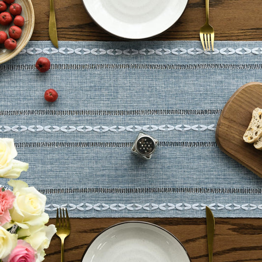 Artoid Mode Dusty Blue Cotton Linen Table Runner, Seasonal Rustic Embroidered Hollow Kitchen Dining Table Decoration for Home Party Decor 13x60 Inch