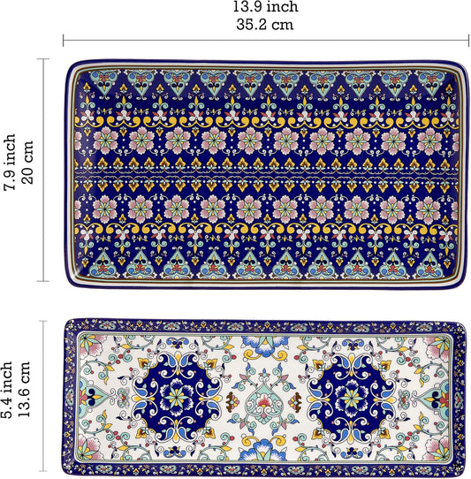 Bico Mandala Kaleidoscope Ceramic 14 inch Rectangular Serving Platter, Set of 2, for Serving Salad, Pasta, Cheese, Ham, Appetizer, Microwave & Dishwasher Safe