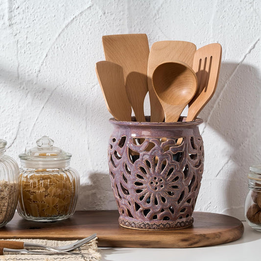 Farmhouse Kitchen Utensil Holder for Kitchen Counter, Ceramic Large Cooking Utensil Crock with Cork Mat, Decorative Rustic Utensil Organizer for Countertop, Spatula, Antique Purple