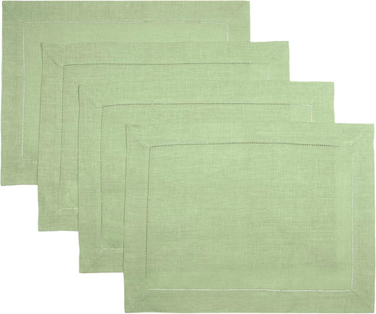 D'Moksha Homes Sage Green Linen Cloth Placemats Set of 4-100% Pure Linen Hemstitch Placemats 14 x 19 Inch - Classic Hemstitch Table Place Mats for Fall, Halloween - Handcrafted and Machine Washable