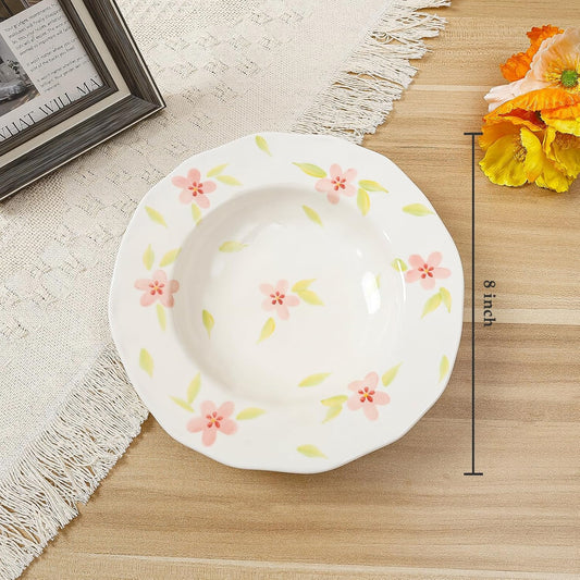 Koythin Ceramic Straw Hat Ramen Bowl Set, Pasta Bowls, Salad Serving Bowl for Noodle, Dinner, Salad, Microwave Dishwasher Safe (Pink Lucky Flower)