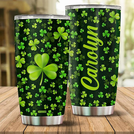 Personalized Green Irish Shamrocks Tumbler For Women with Lid Insulated 20 oz Stainless Steel Water Bottle Coffee Cup Travel Mug Gift For Mom Daughter Wife Girls