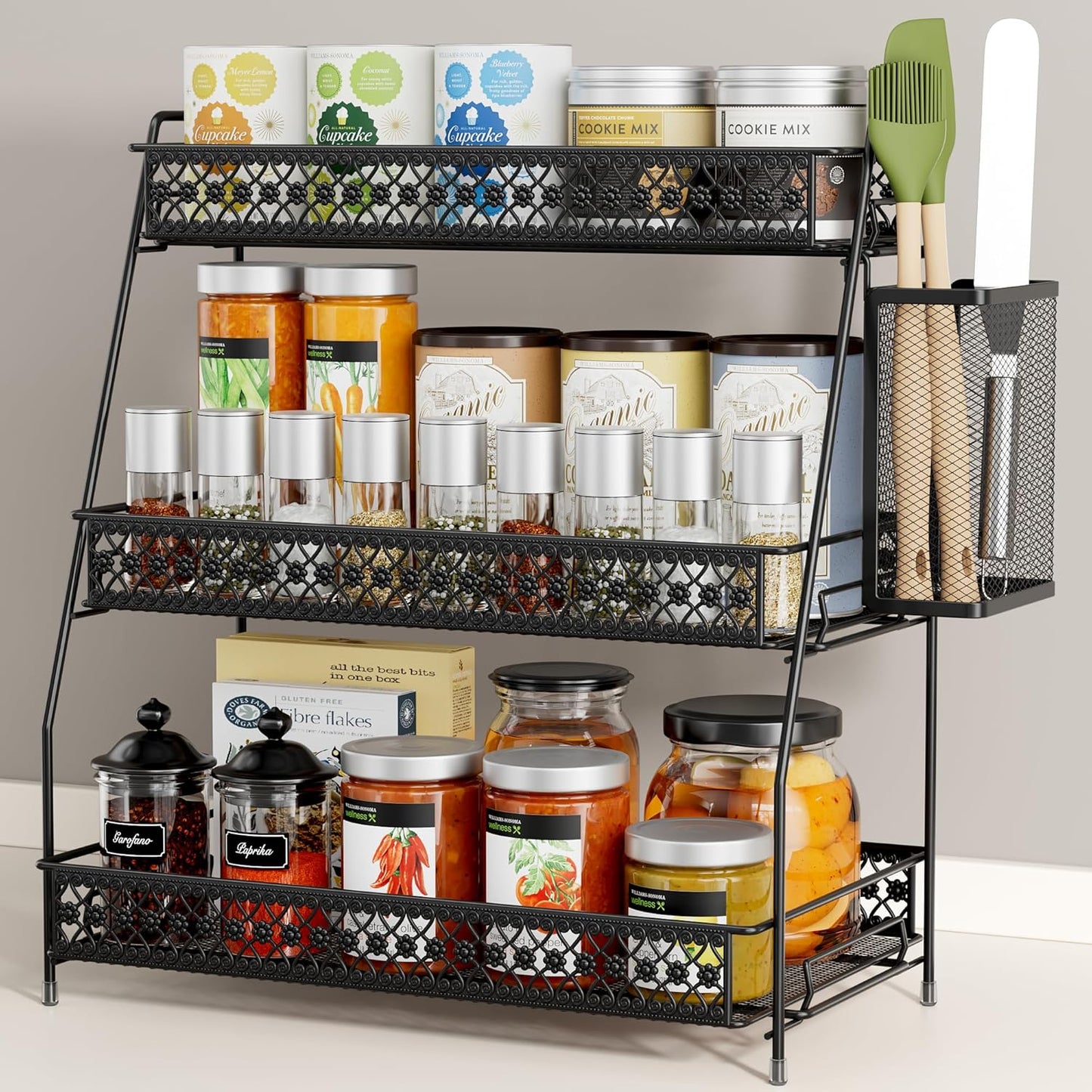 Vintage 3 Tier Spice Rack Organizer for Kitchen Counter, Bathroom Counter Organizer with Bonus Basket, 3 Tier Bathroom Counter Organizer for Spices Makeup Perfumes, Retro Countertop Organizer