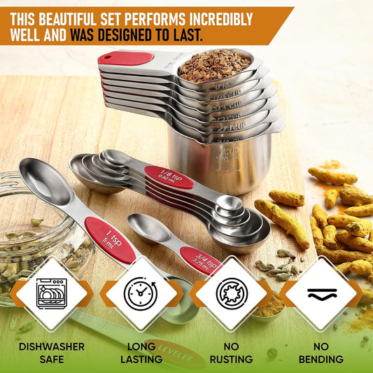 Spring Chef Magnetic Measuring Cups & Spoons Set, Patented, Strong N45 Magnets, Heavy Duty Stainless Steel Fits in Spice Jars for Baking & Cooking, BPA Free, Round Set of 15 with Leveler, Red