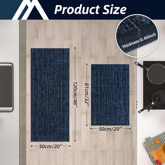 COSY HOMEER Kitchen Rugs 20"x32"+20"x48" Absorbent Soft Kitchen Mats for Floor Non Slip Kitchen Runner Rug Polyester Washable Kitchen Floor Mats for Sink Mat,Hallway,Laundry,Navy Blue