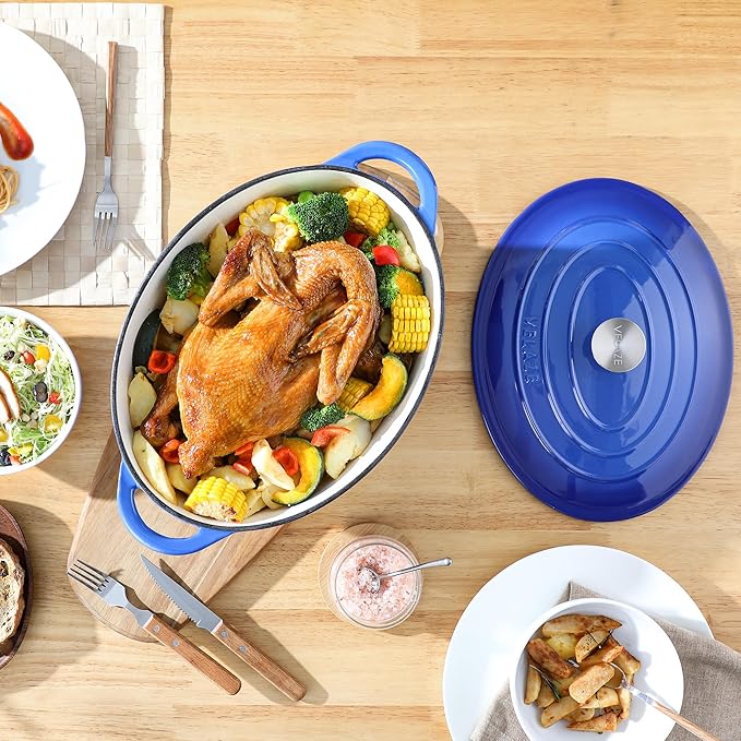 Velaze 7.5 QT Enameled Oval Dutch Oven Pot with Lid, Cast Iron Dutch Oven with Dual Handles for Bread Baking, Cooking, Frying, Non-stick Enamel Coated Cookware(Blue)