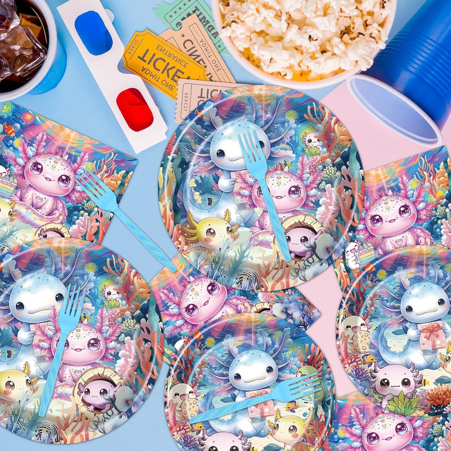Rakuto Colorful Axolotl Birthday Decorations - 96PCS Axolotl Party Plates Napkins Forks Disposable Tableware Set, Cute Colorful Animals Themed Birthday Party Decorations Decor Supplies (Serve 24)