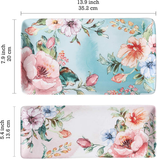 Bico Margret's Garden Ceramic 14 inch Rectangular Serving Platter, Set of 2, for Serving Salad, Pasta, Cheese, Ham, Appetizer, Microwave & Dishwasher Safe