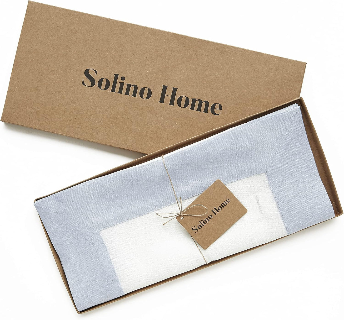 Solino Home Linen Table Runner 60 Inches - 100% Pure Linen Light Blue and White Table Runner 14 x 60 Inch Ideal for Dresser and Coffee Tables - Contempo