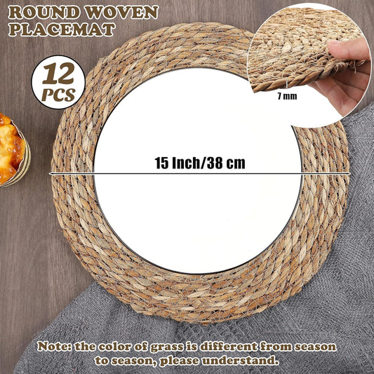 Set of 12 Round Woven Placemats 15 Inch Bulrush Placemats Natural Handwoven Boho Rattan Wicker Table Mats for Farmhouse & Home Dining