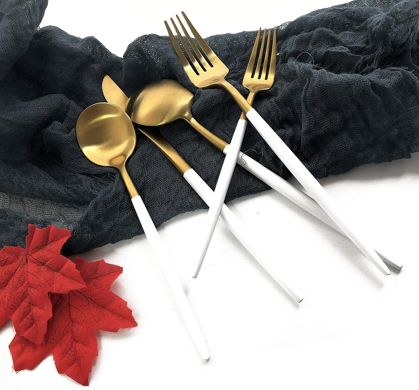 Silverware Set, Hand polished Matte Gold White Flatware Cutlery Set Service for 2, Satin Finish 10 Pieces 18/10 Stainless Steel Utensils Set for Home and Restaurant, Dishwasher Safe