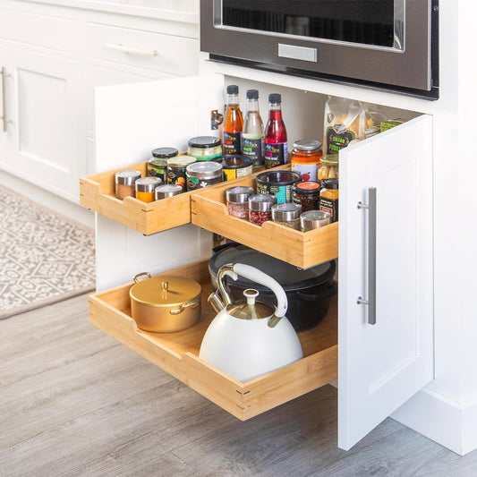 HOLDN’ STORAGE Bamboo Wooden Pull out Cabinet Organizer 11" W x 20" D - Requires At Least a 12.25" W x 21" D. Cabinet Opening. W/Lifetime Limited Warranty. Bamboo Tray and Heavy gauge metal rails.