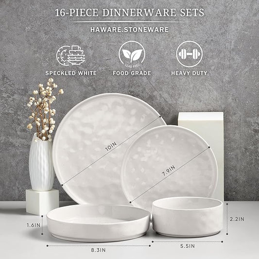 HaWare Dinnerware Sets, 16-Piece Plates and Bowls Set, Stoneware Dish Set for 4, Ceramic Dishware Set for Pasta Cereal, Chip and Scratch Resistant, Microwave and Dishwasher Safe, Speckled White