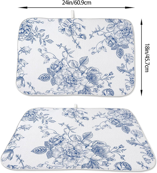 Chinoiserie Floral Dish Drying Mat 18 x 24 inch Vintage Blue Flower Decorative Drying Mats Microfiber Absorbent Dish Washable Draining Mat for Kitchen Counter Decor