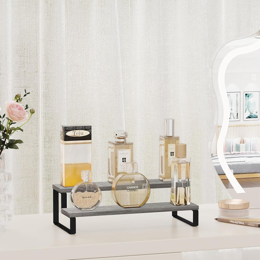 YINMIT Wooden Display Riser Stand, Tiered Perfume and Cologne Organizer Stand, 2 Tier Spice Rack Organizer, Rustic Display Shelf for Candles (2 Tier,Grey)