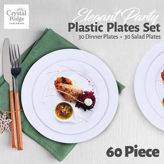 60 Pieces White Plastic Disposable Plates - Premium Heavy-Duty 30 Dinner Plates & 30 Salad Plates with White Rim Ideal for Party, Birthday and Special Events