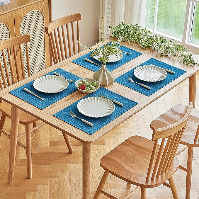 Softalker Faux Linen Placemats Set of 4-12 x 18 Inch, Heat Resistant Double Layered Durable Burlap Farmhouse Place Mats, Non-Slip Washable Rustic Table Mats for Dining, Kitchen, Party(Sky Blue