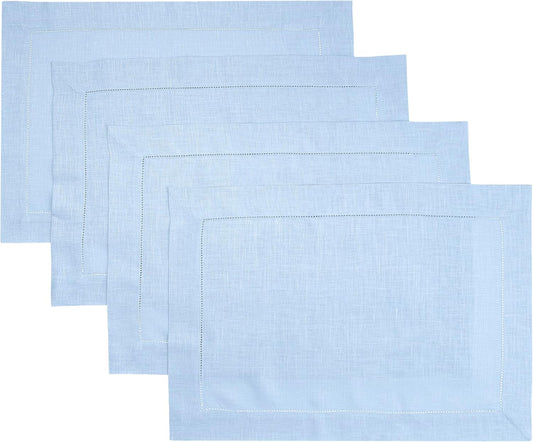 D'Moksha Homes Powder Blue Linen Cloth Placemats Set of 4-100% Pure Linen Hemstitch Placemats 14 x 19 Inch - Classic Hemstitch Table Place Mats for Fall, Halloween - Handcrafted and Machine Washable