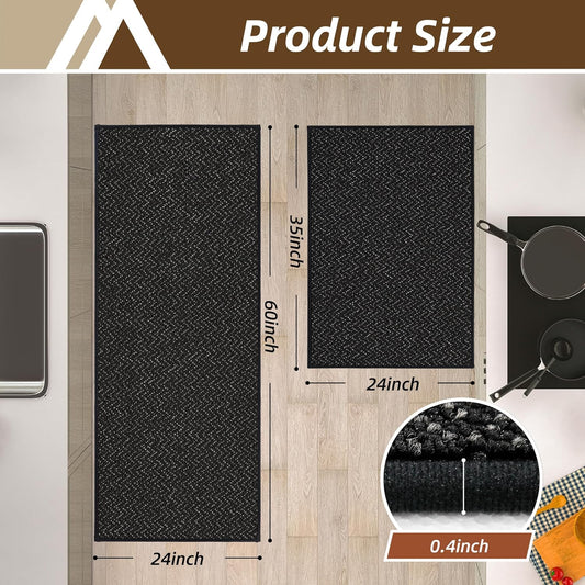 COSY HOMEER Kitchen Rugs Non Slip Washable 24"x36"+24"x60" Absorbent Kitchen Mats for Floor Stain Resistant Kitchen Runner Rug Sets of 2 Kitchen Floor Mats for Sink,Black