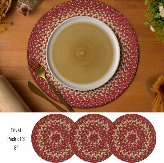 Homespice Apple Pie Jute Braided Trivets for Table, Warm Country Decor, Set of 3, Red 8" Round Heat Resistant Mats - Rich Colors, Easy to Clean, Durable and Protects Furniture
