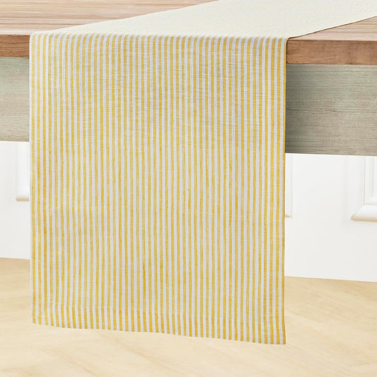 Solino Home Linen Table Runner 48 Inches - Narrow Stripe 100% Pure Linen Spicy Mustard and White Farmhouse Table Runner 14 x 48 Inch Ideal for Dresser and Coffee Tables