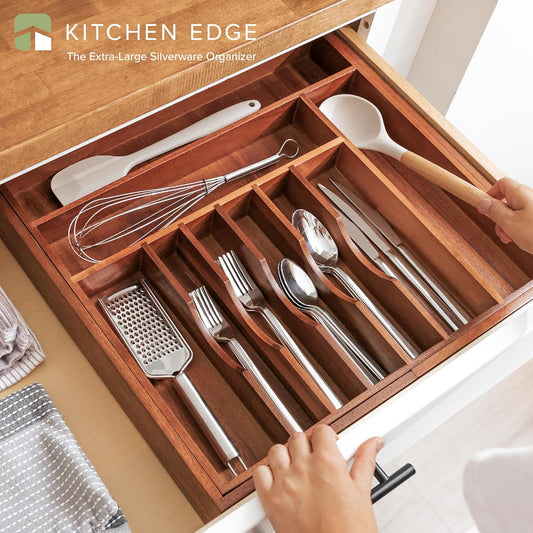 KitchenEdge Premium Silverware, Flatware and Utensil Organizer for Kitchen Drawers, Food-Safe Contract Grade, Expandable from 18 to 33 In, Natural Acacia