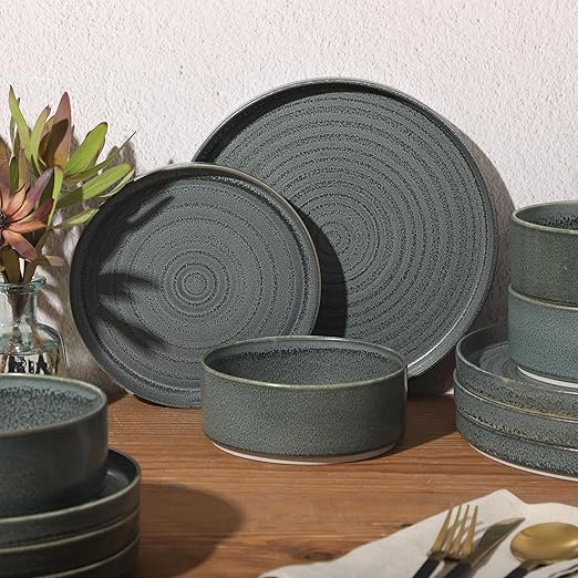 Gibson Elite Echo Bay 12 Piece Porcelain Reactive Glaze (Service for 4) Ceramic Plates and Bowls Modern Stackable Dinnerware Set - Blue