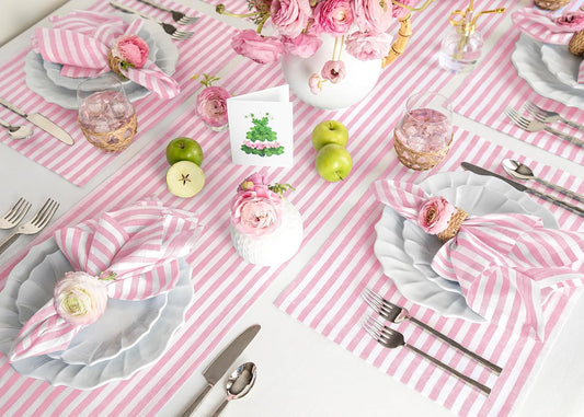 Solino Home Striped Linen Table Runner 60 Inches - Amalfi Stripe, 100% Pure Linen Cherry Blossom and White Small Table Runner 14 x 60 Inch Ideal for Dresser and Coffee Tables