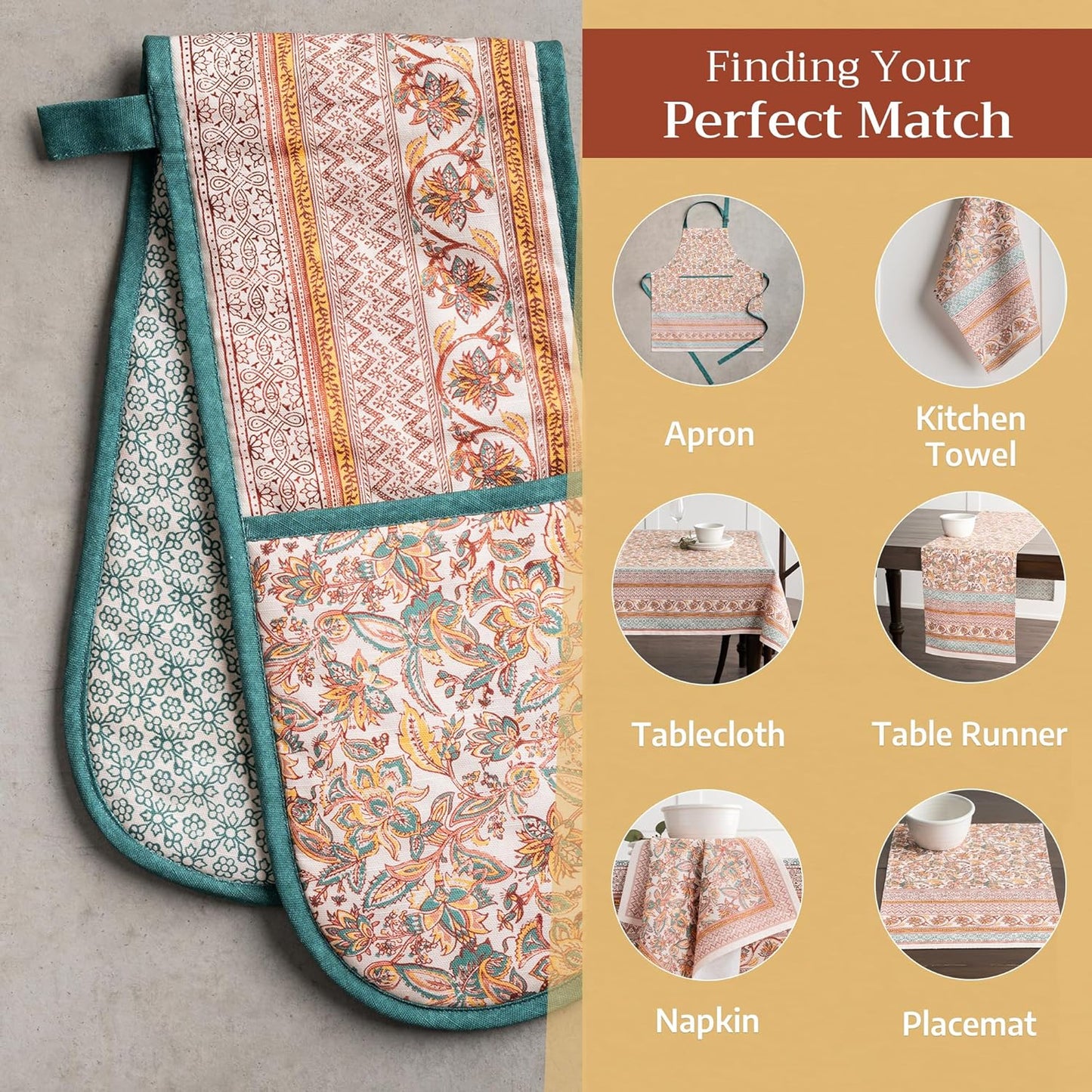 Maison d' Hermine Double Oven Mitt (7" x 35") 100% Cotton Heat Resistant BBQ Cooking Gloves with Loop for Thanksgiving Christmas Decorations Baking Cooking Barbeque Handling Hot Pan (Nila)