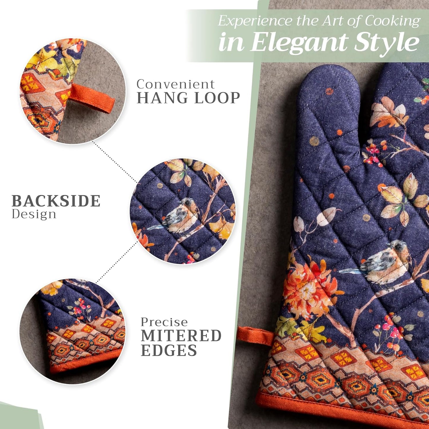 Maison d' Hermine Oven Gloves 100% Cotton Oven Mitt 7" x 13" with Loop Heat Resistant BBQ Cooking Gloves for Thanksgiving Christmas Decorations Baking Handling Hot Pans (Pack of 1, Kelim - Infinity)