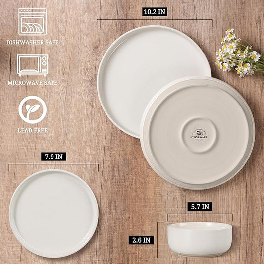 HaWare Stoneware Dinnerware Sets, 12-Piece Plates and Bowls Set for 4, Dishes Set for Home Restaurant, Speckled Milky White