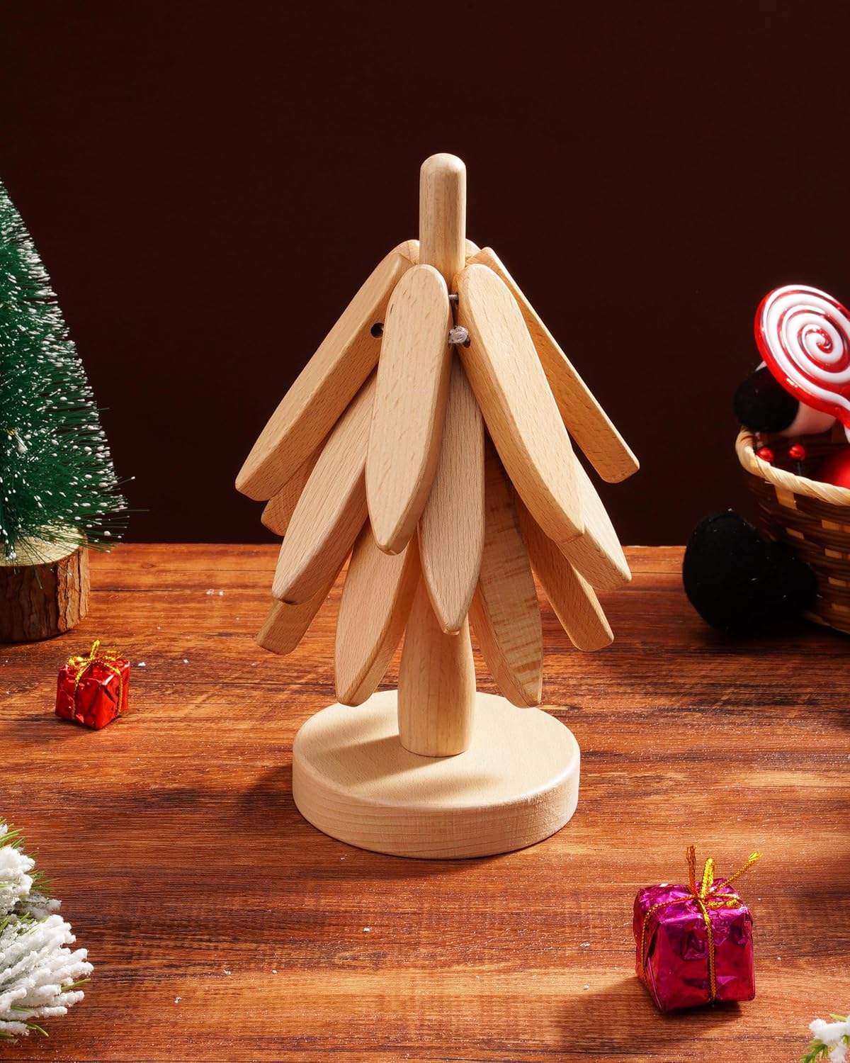 Wooden Trivets Tree for Hot Dishes, Set of 3 Natural Wood Coaster for Hot Pots and Pans, Christmas Tree-Shaped Stackling Trivets with Organizer, 8 Inch Decorative Wooden Hot Pads, 3PCS Light Wood