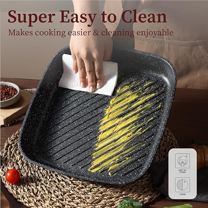 CAROTE 11 Inch Nonstick Grill Pan for Steak - Premium Granite Nonstick Coating, Square Grill Skillet, Indoor Outdoor RV Camping Use, Gas & Induction Safe, All Stovetops Compatible, PFOA Free, Black