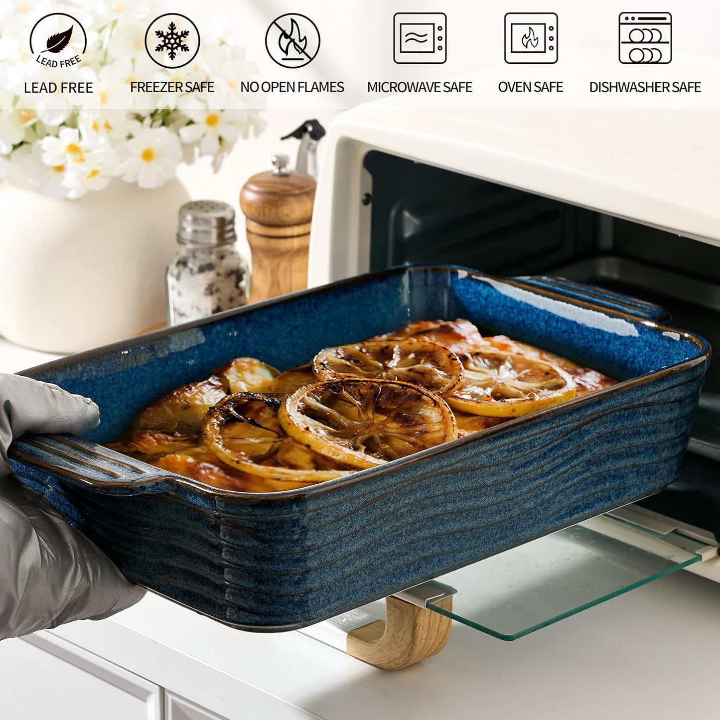 Kiln-Transformed Blue Ceramic Baking Dish Set of 3, Casserole Dishes for Oven, Square Porcelain Bakeware Set with Handles, Lasagna Baking Pan for Cooking, Perfect for Baking and Serving, Housewarming, Halloween, Thanksgiving, Christmas, New Year