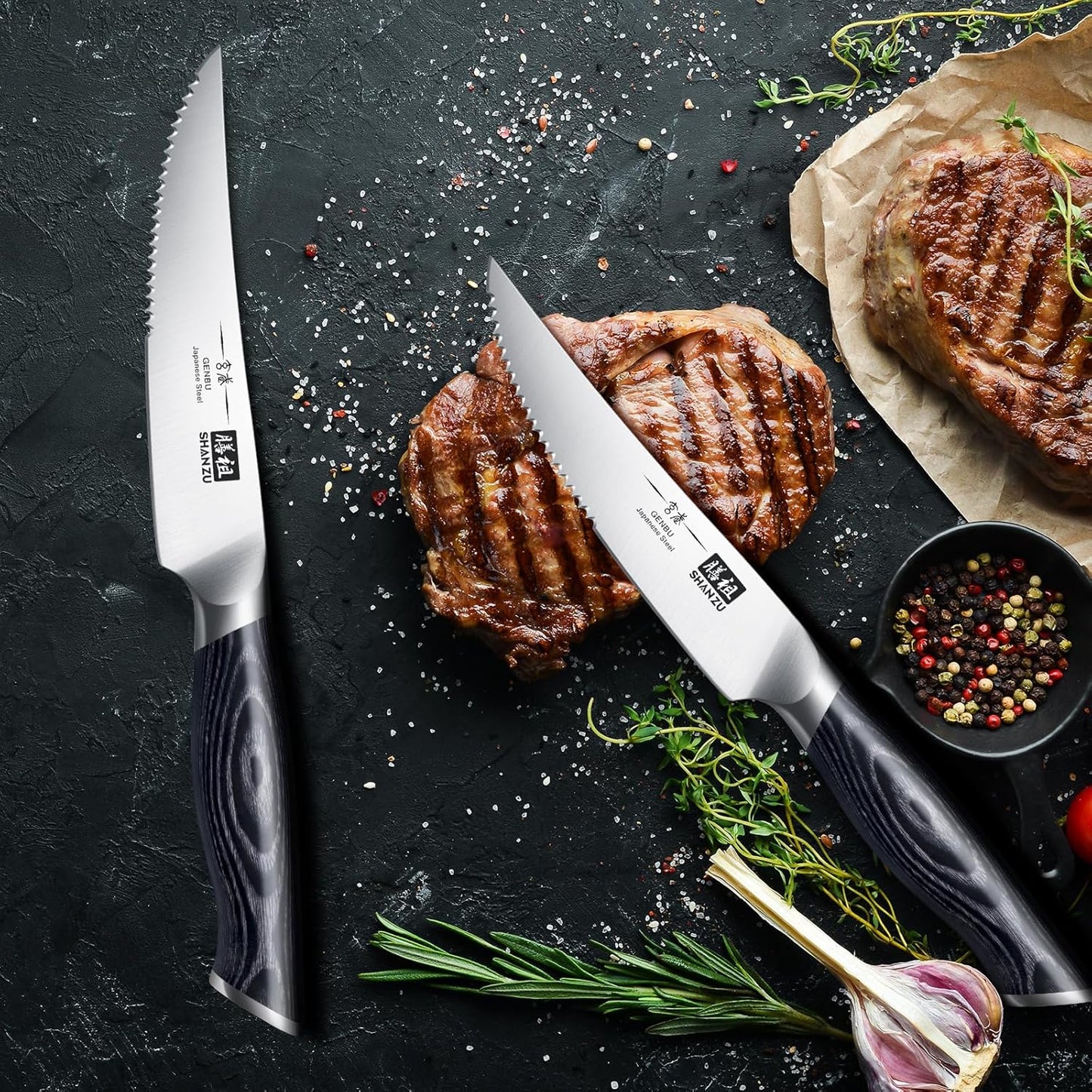SHAN ZU 6 Pc Steak Knife Set, 4.5 Inch High Carbon Japanese Super Steel Steak Knives, Ultra Sharp Kitchen Steak Knife with K133 Ergonomic Handle, Black Tortoise Genbu Series