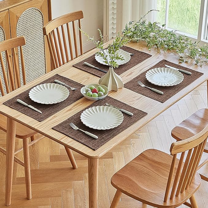 Softalker Faux Linen Placemats Set of 6-12 x 18 Inch, Heat Resistant Double Layered Durable Burlap Farmhouse Place Mats, Non-Slip Washable Rustic Table Mats for Dining, Kitchen, Party(Dark Brown