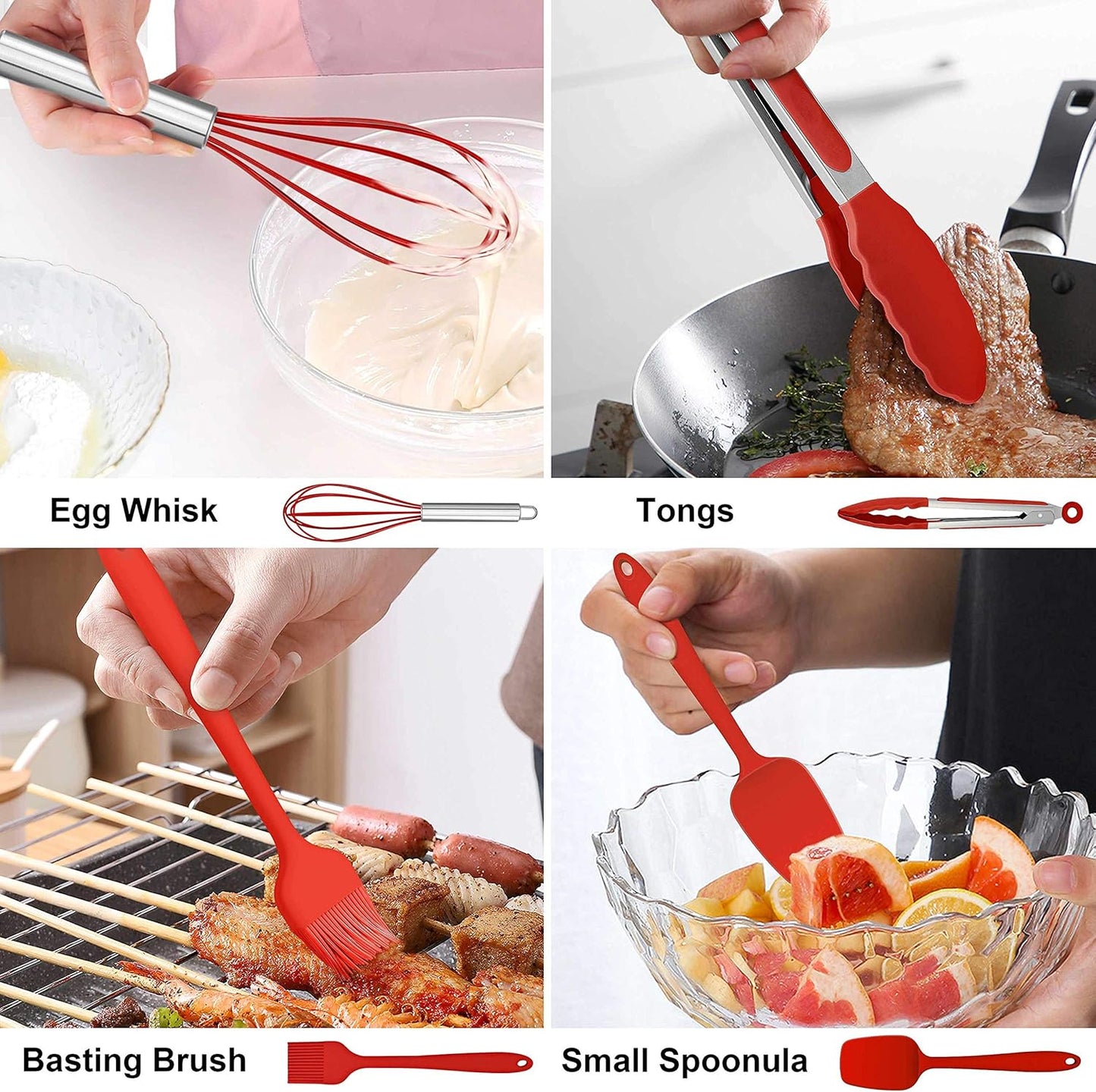 LIANYU 14 Pcs Cooking Utensils Set with Holder, Heat Resistant Silicone Kitchen Cookware Utensils Set, Kitchen Cooking Tools Includes Spatula Spoon Turner Whisk Tong, Dishwasher safe, Red